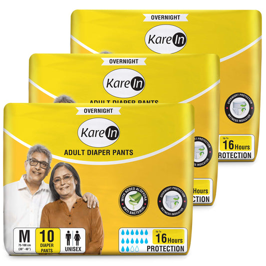 KareIn Overnight Adult Diaper Pants, Medium 75-100 Cm (30"- 40"), Unisex, Leakproof, Elastic Waist, With Aloe Vera Lotion, Anti-Bacterial, ADL, Wetness Indicator, Pack of 3, 30 Count