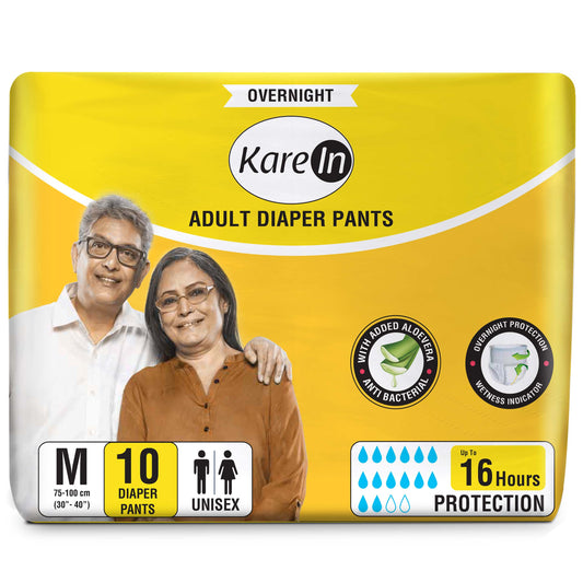 KareIn Overnight Adult Diaper Pants, Medium 75-100 Cm (30"- 40"), Unisex, Leakproof, Elastic Waist, With Aloe Vera Lotion, Anti-Bacterial, ADL, Wetness Indicator, 10 Count