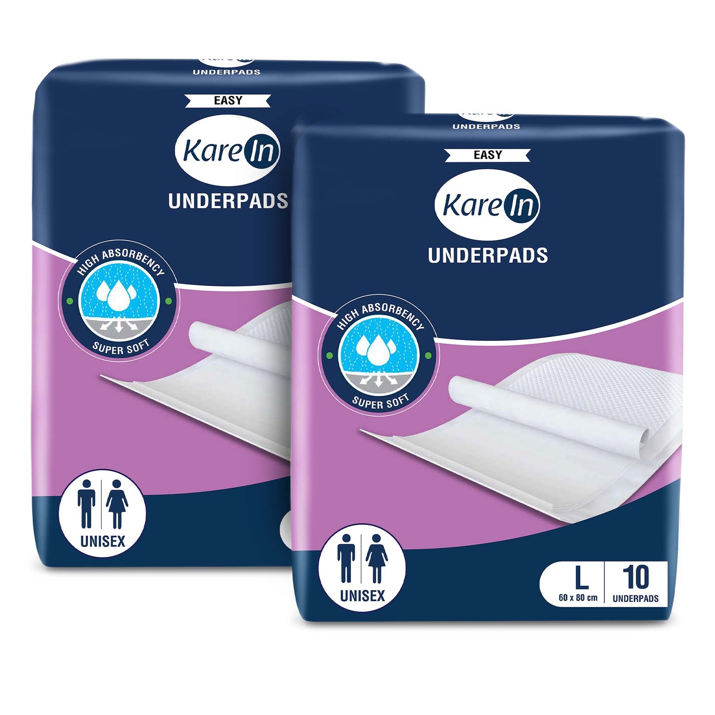 KareIn Easy Underpads, Large 60 X 80 Cm, High Absorbency, Leak Proof, Unisex, Pack of 2, 20 Count