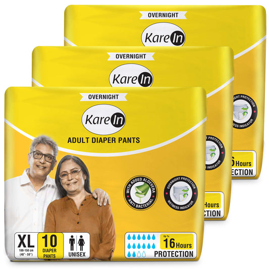 KareIn Overnight Adult Diaper Pants, Extra Large 100-150 Cm (40"- 59"), Unisex, Leakproof, Elastic Waist, With Aloe Vera Lotion, Anti-Bacterial, ADL, Wetness Indicator, Pack of 3, 30 Count