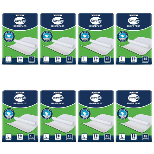 KareIn Classic Underpads, Large 60 x 90 Cm, Superior Absorbency, Leak Proof, Pack of 8, 80 Count