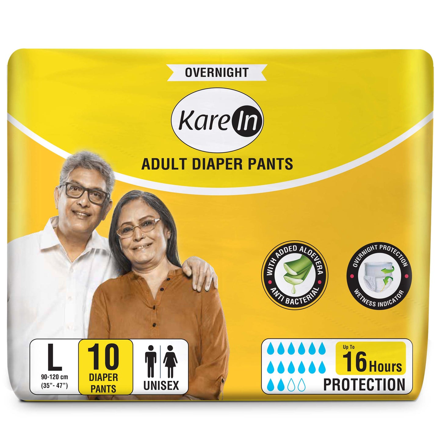 KareIn Overnight Adult Diaper Pants, Large 90-120 Cm (35"- 47"), Unisex, Leakproof, Elastic Waist, With Aloe Vera Lotion, Anti-Bacterial, ADL, Wetness Indicator, 10 Count