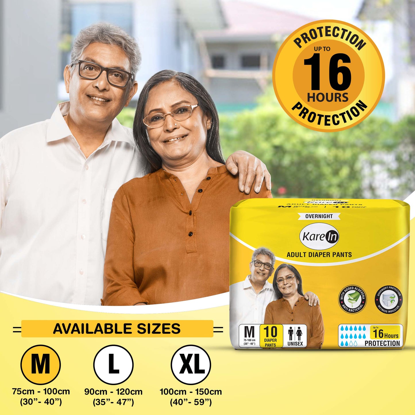 KareIn Overnight Adult Diaper Pants, Medium 75-100 Cm (30"- 40"), Unisex, Leakproof, Elastic Waist, With Aloe Vera Lotion, Anti-Bacterial, ADL, Wetness Indicator, 10 Count