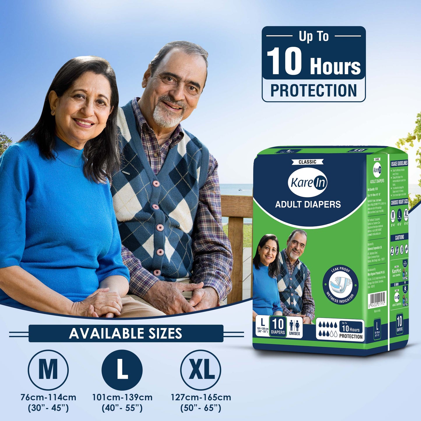 KareIn Classic Adult Diapers, Large, Waist Size 101-139 Cm (40"-55"), Tape Style, Unisex, High Absorbency, Leak Proof, Wetness Indicator, Pack of 12, 120 diapers