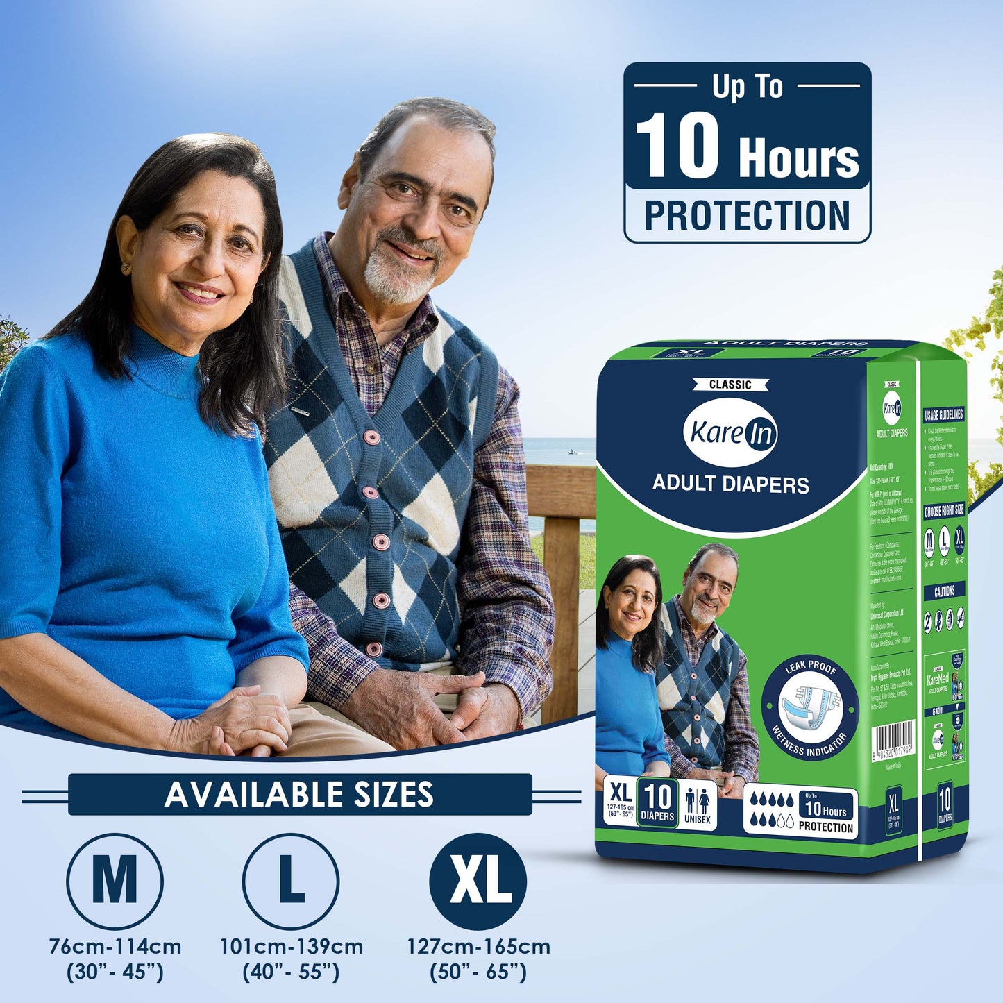 KareIn Classic Adult Diapers, Extra Large, Waist Size127-165 Cm (50"-65"), Tape Style, Unisex, High Absorbency, Leak Proof, Wetness Indicator, 10 diapers