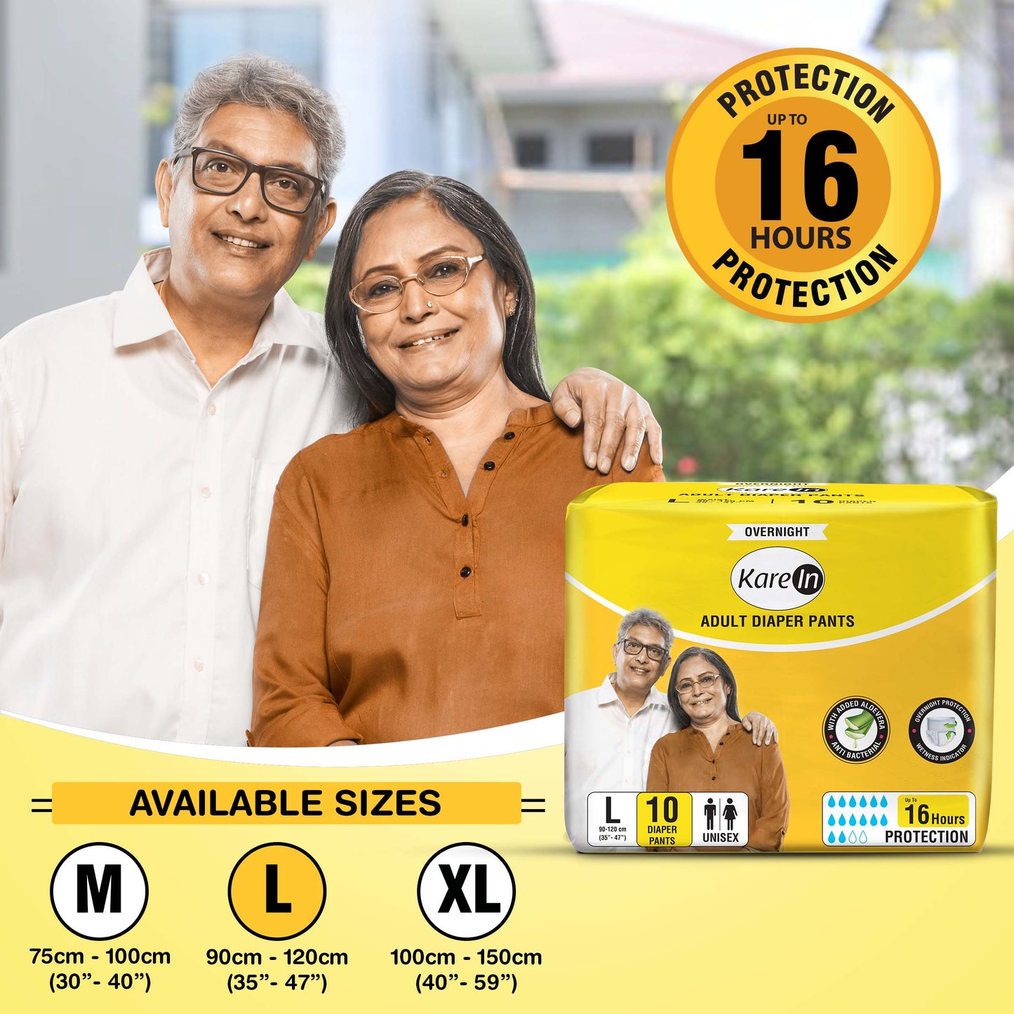 KareIn Overnight Adult Diaper Pants, Large 90-120 Cm (35"- 47"), Unisex, Leakproof, Elastic Waist, With Aloe Vera Lotion, Anti-Bacterial, ADL, Wetness Indicator, 30 Count