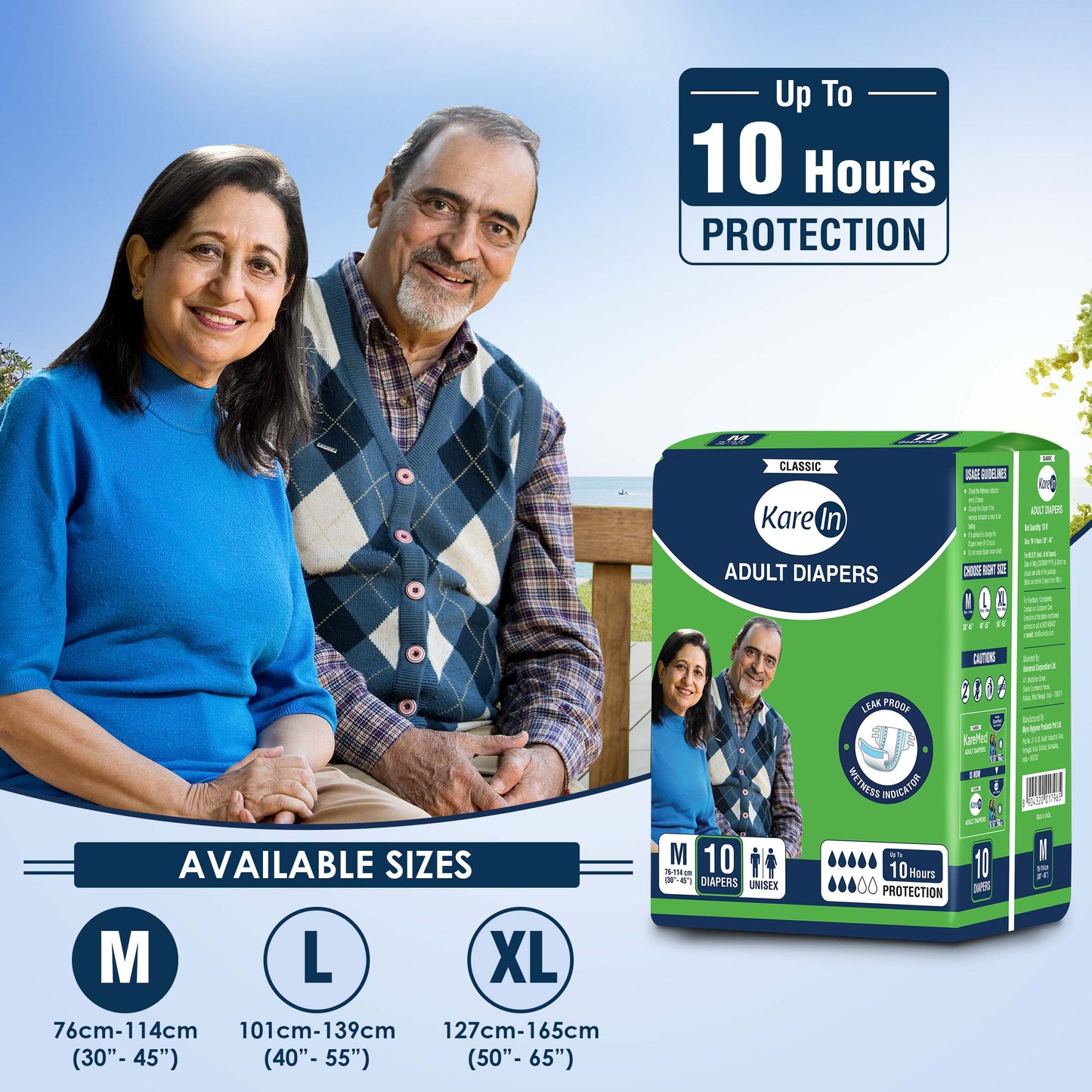 KareIn Classic Adult Diapers, Medium, Waist Size 76-114 Cm (30"-45"), Tape Style, Unisex, High Absorbency, Leak Proof, Wetness Indicator, 10 diapers