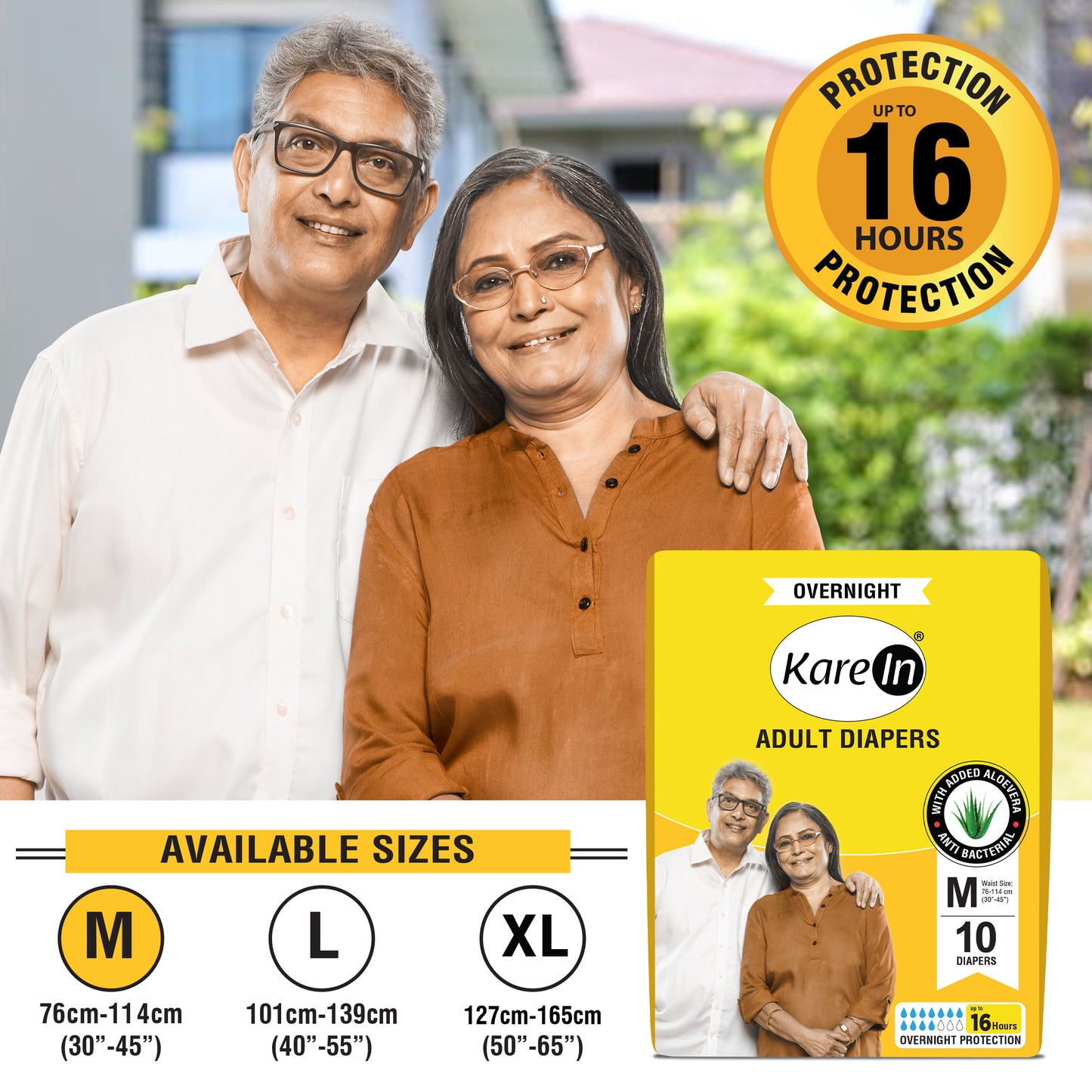 KareIn Overnight Adult Diapers, Medium, Waist Size 76-114 Cm (30"- 45"), Tape Style, High Absorbency, Odour Free, With Aloe Vera Lotion, Anti-Bacterial, ADL, Leak Proof, 10 Count