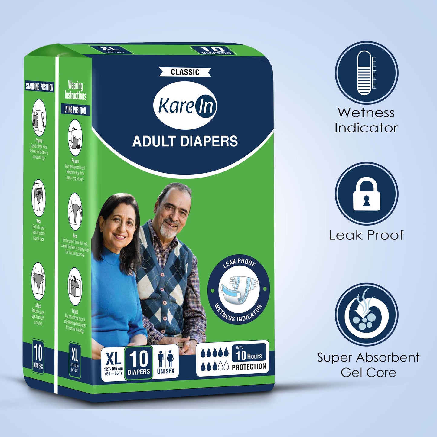 KareIn Classic Adult Diapers, Extra Large, Waist Size127-165 Cm (50"-65"), Tape Style, Unisex, High Absorbency, Leak Proof, Wetness Indicator, 10 diapers