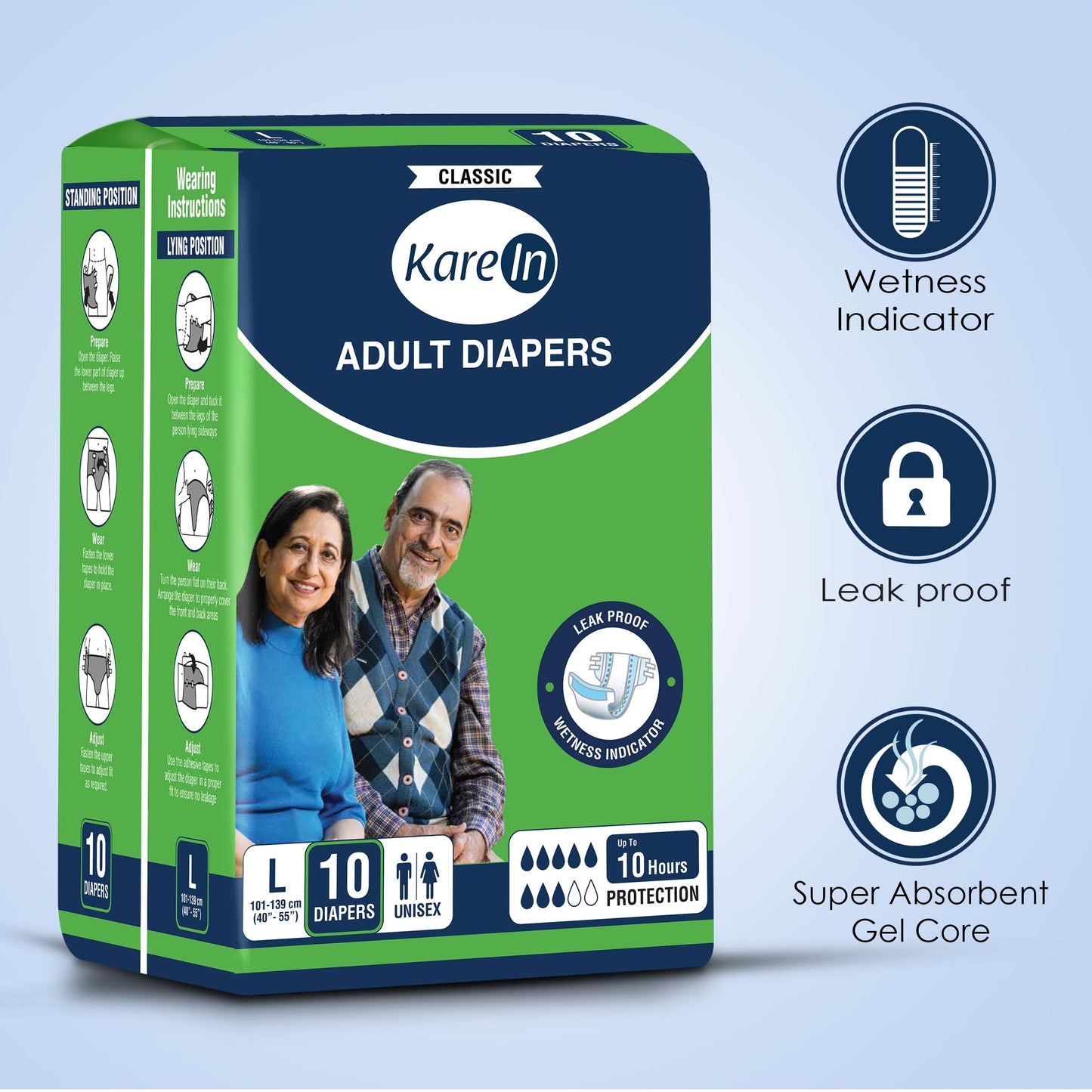 KareIn Classic Adult Diapers, Large, Waist Size 101-139 Cm (40"-55"), Tape Style, Unisex, High Absorbency, Leak Proof, Wetness Indicator, Pack of 12, 120 diapers