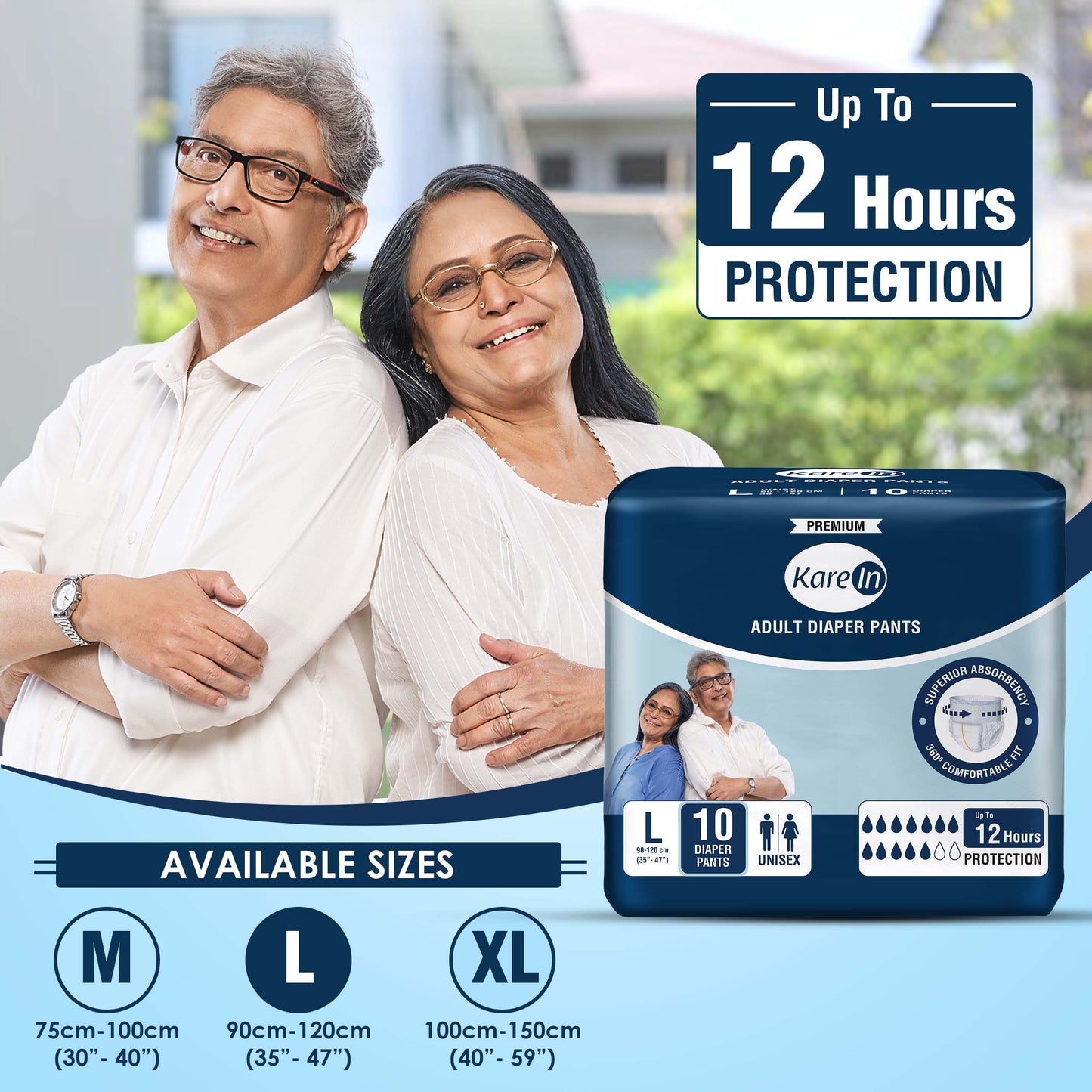 KareIn Premium Adult Diaper Pants, Large 90-120 Cm (35"- 47"), Unisex, Leakproof, Elastic Waist, Wetness, Indicator, 10 Count