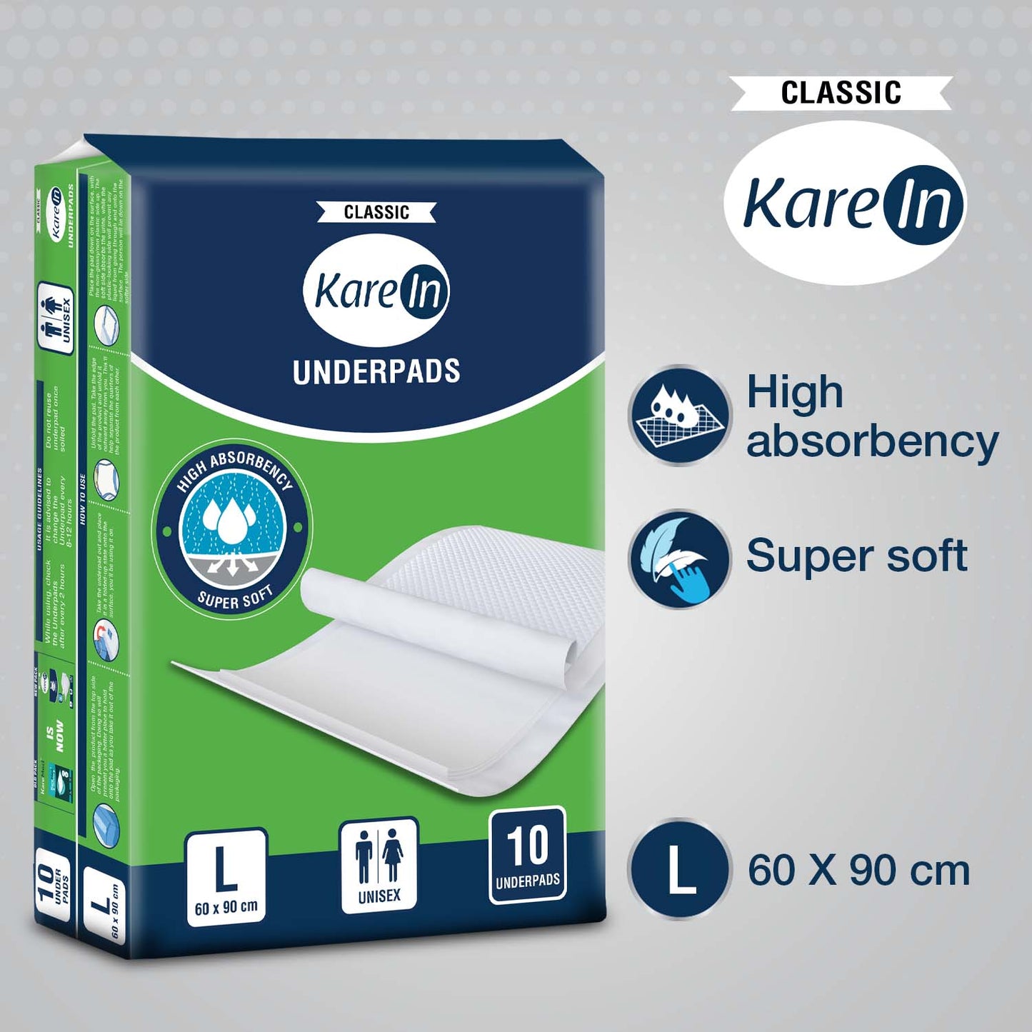 KareIn Classic Underpads, Large 60 x 90 Cm, Superior Absorbency, Leak Proof, Pack of 2, 20 Count