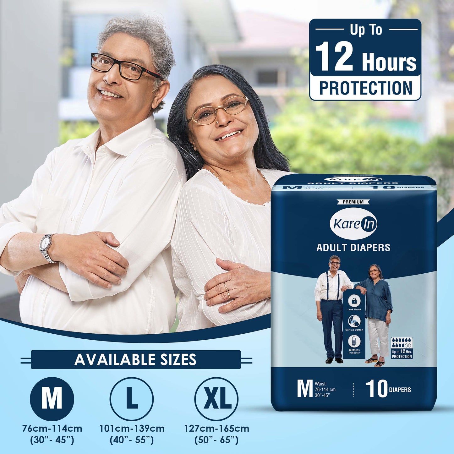 KareIn Premium Adult Diapers, Medium, Waist Size 76-114 Cm (30"-45"), Tape Style, Unisex, High Absorbency, Leak Proof, Wetness Indicator, Pack of 3, 30 diapers
