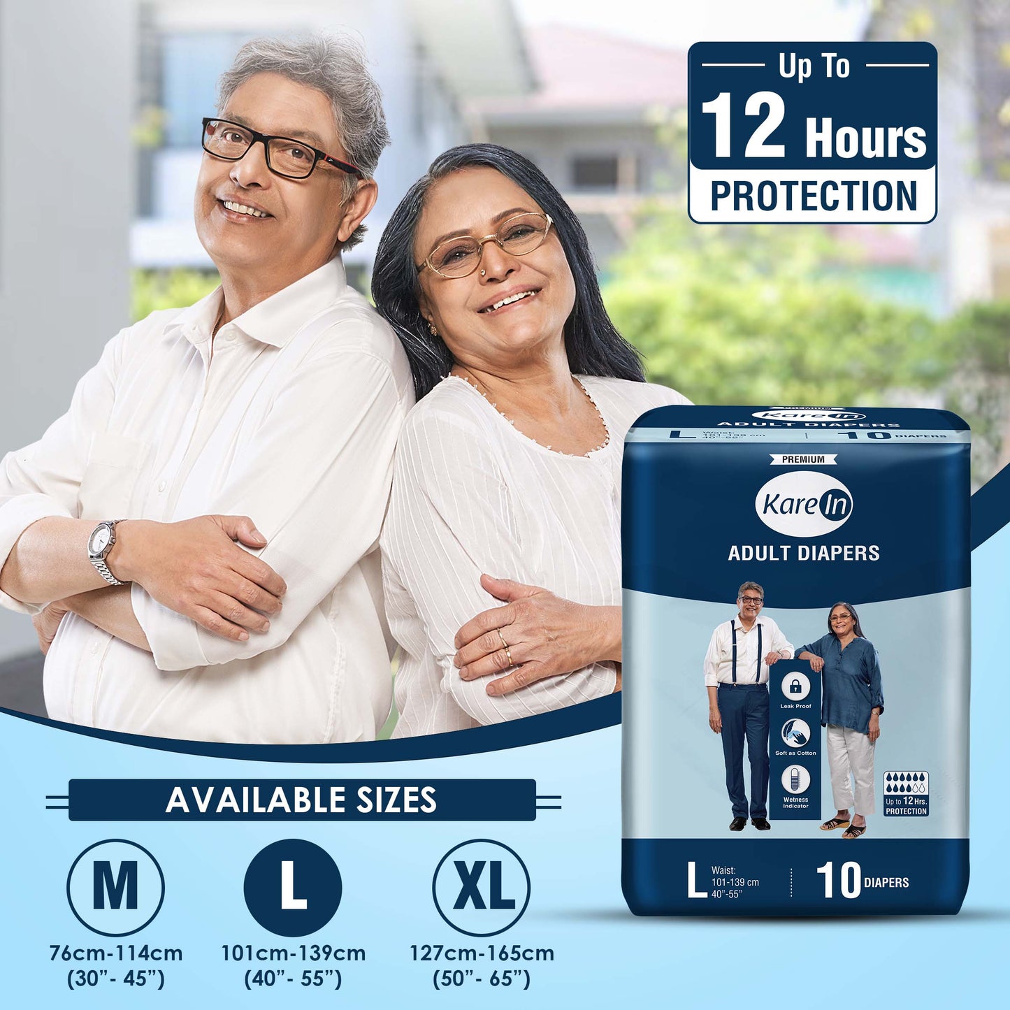 KareIn Premium Adult Diapers, Large, Waist Size 101-139 Cm (40"-55"), Tape Style, Unisex, High Absorbency, Leak Proof, Wetness Indicator, 10 diapers