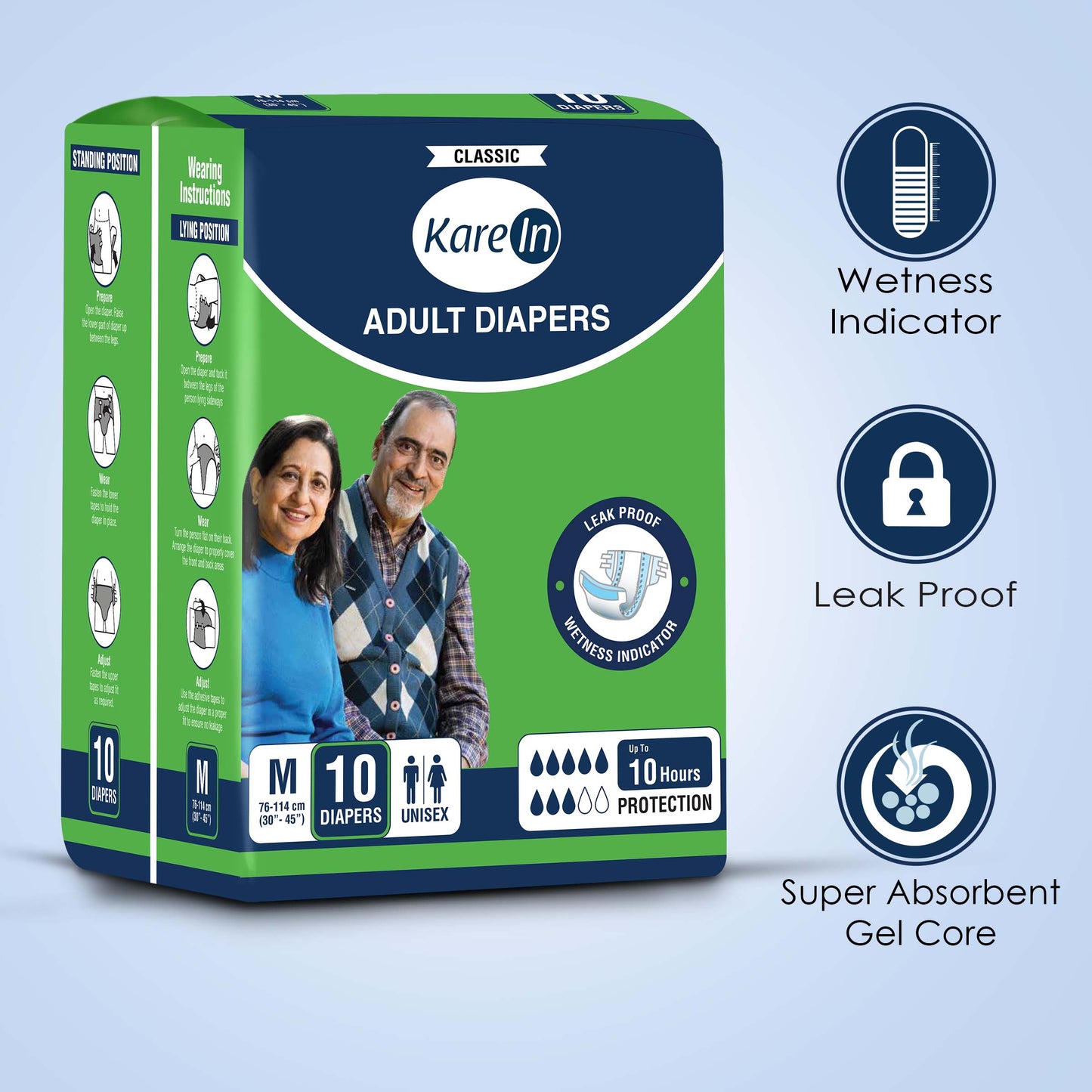 KareIn Classic Adult Diapers, Medium, Waist Size 76-114 Cm (30"-45"), Tape Style, Unisex, High Absorbency, Leak Proof, Wetness Indicator, Pack of 6, 60 diapers