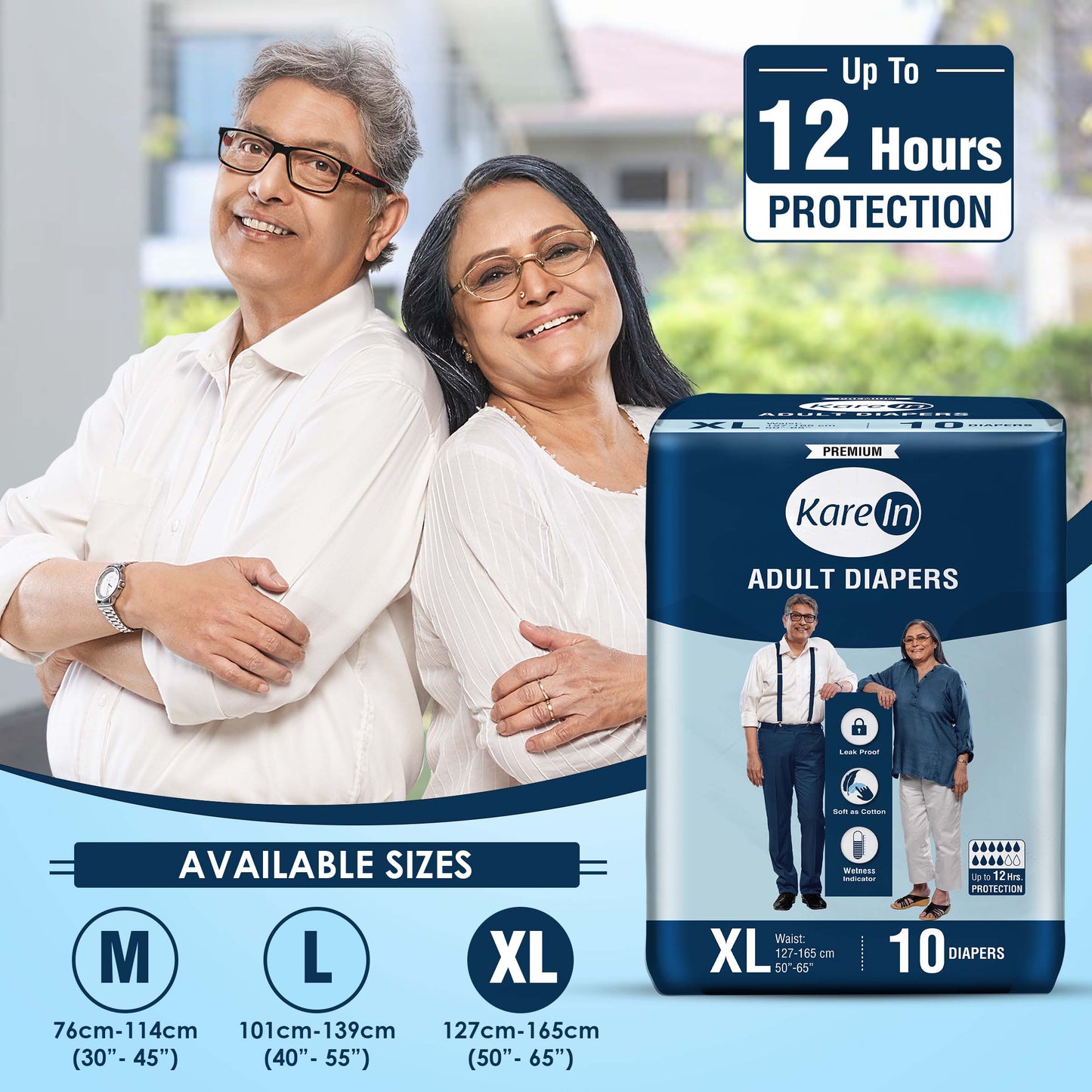 KareIn Premium Adult Diapers, Extra Large, Waist Size127-165 Cm (50"-65"), Tape Style, Unisex, High Absorbency, Leak Proof, Wetness Indicator, Pack of 12, 120 diapers