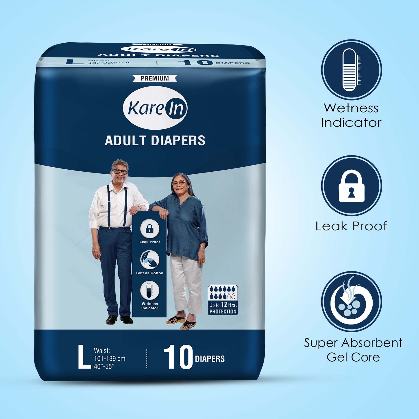 KareIn Premium Adult Diapers, Large, Waist Size 101-139 Cm (40"-55"), Tape Style, Unisex, High Absorbency, Leak Proof, Wetness Indicator, Pack of 6, 60 diapers