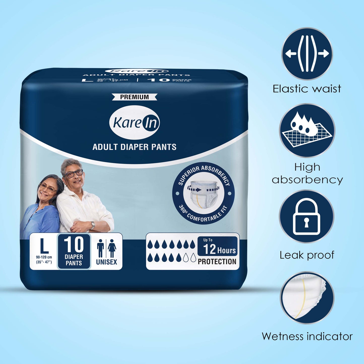 KareIn Premium Adult Diaper Pants, Large 90-120 Cm (35"- 47"), Unisex, Leakproof, Elastic Waist, Wetness, Indicator, 10 Count