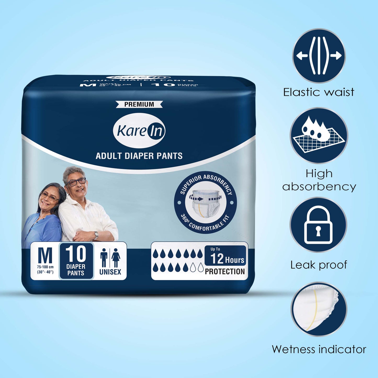 KareIn Premium Adult Diaper Pants, Medium 75 - 100 Cm (30"- 40"), Unisex, Leakproof, Elastic Waist, Wetness, Indicator, Pack of 6, 60 Count