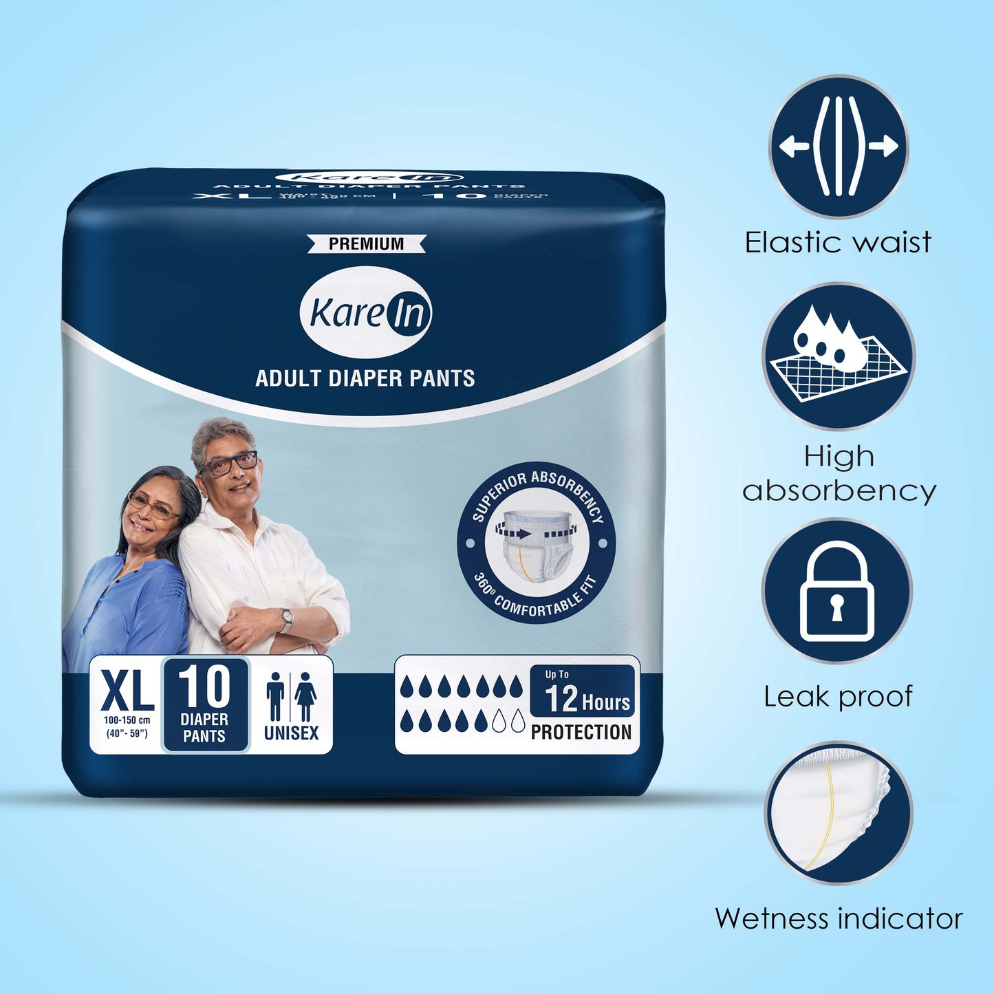 KareIn Premium Adult Diaper Pants, Extra Large 100 - 150 Cm (40"- 59"), Unisex, Leakproof, Elastic Waist, Wetness Indicator, Pack of 12, 120 Count