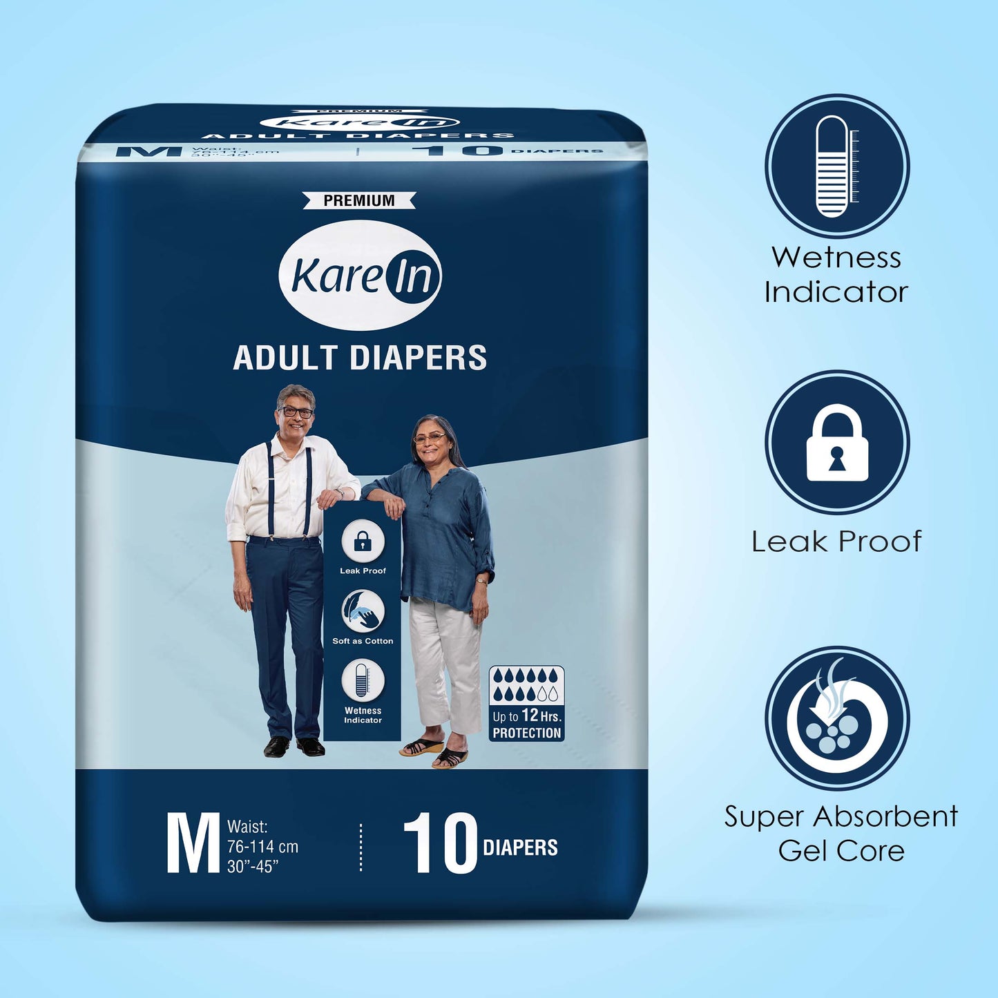 KareIn Premium Adult Diapers, Medium, Waist Size 76-114 Cm (30"-45"), Tape Style, Unisex, High Absorbency, Leak Proof, Wetness Indicator, Pack of 3, 30 diapers