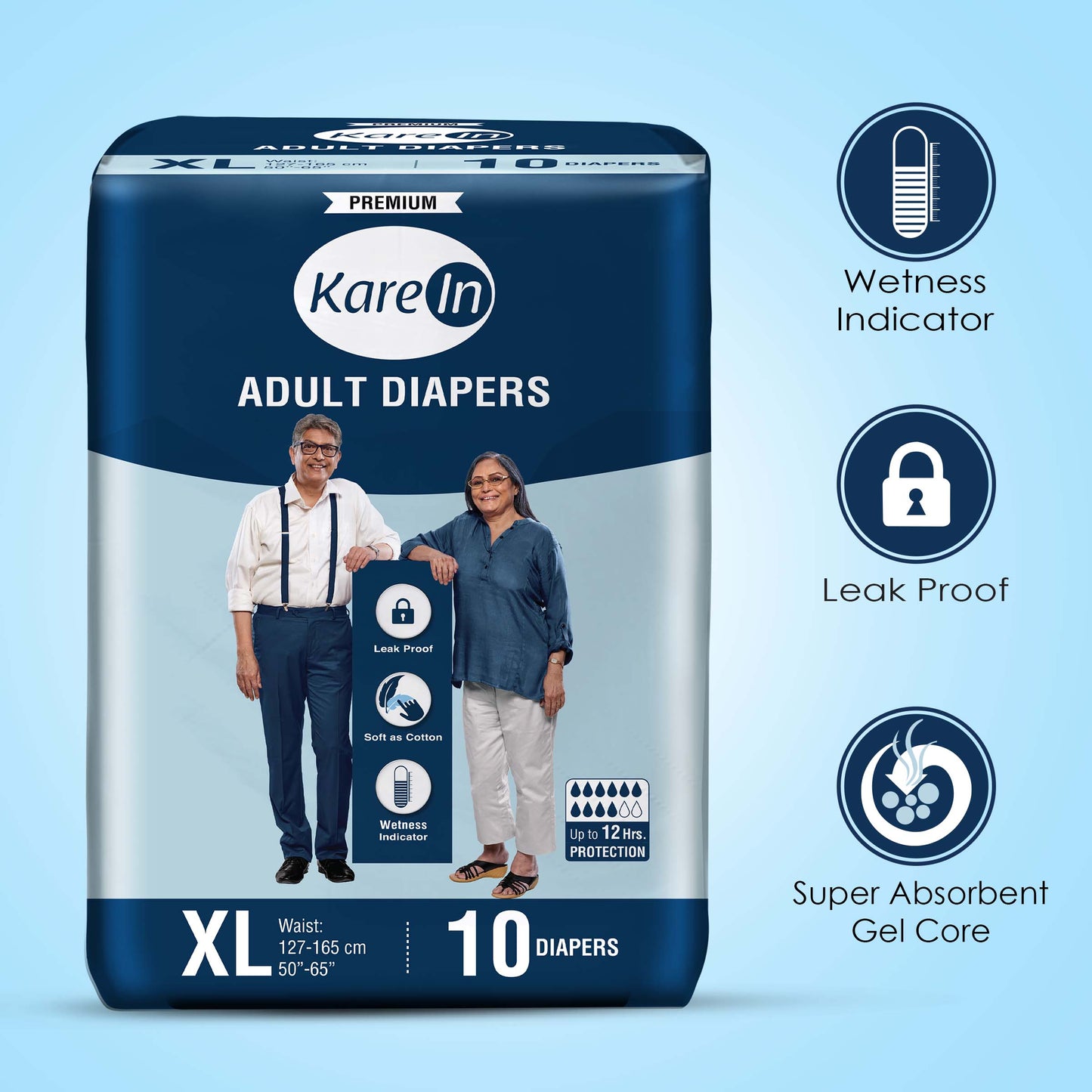 KareIn Premium Adult Diapers, Extra Large, Waist Size127-165 Cm (50"-65"), Tape Style, Unisex, High Absorbency, Leak Proof, Wetness Indicator, Pack of 12, 120 diapers