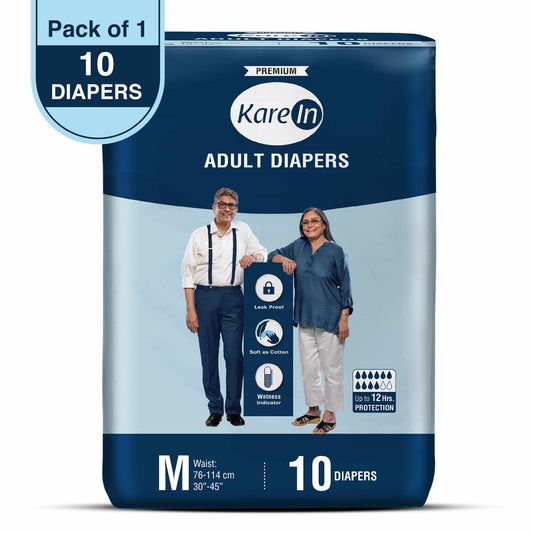 KareIn Premium Adult Diapers, Medium, Waist Size 76-114 Cm (30"-45"), Tape Style, Unisex, High Absorbency, Leak Proof, Wetness Indicator, 10 diapers