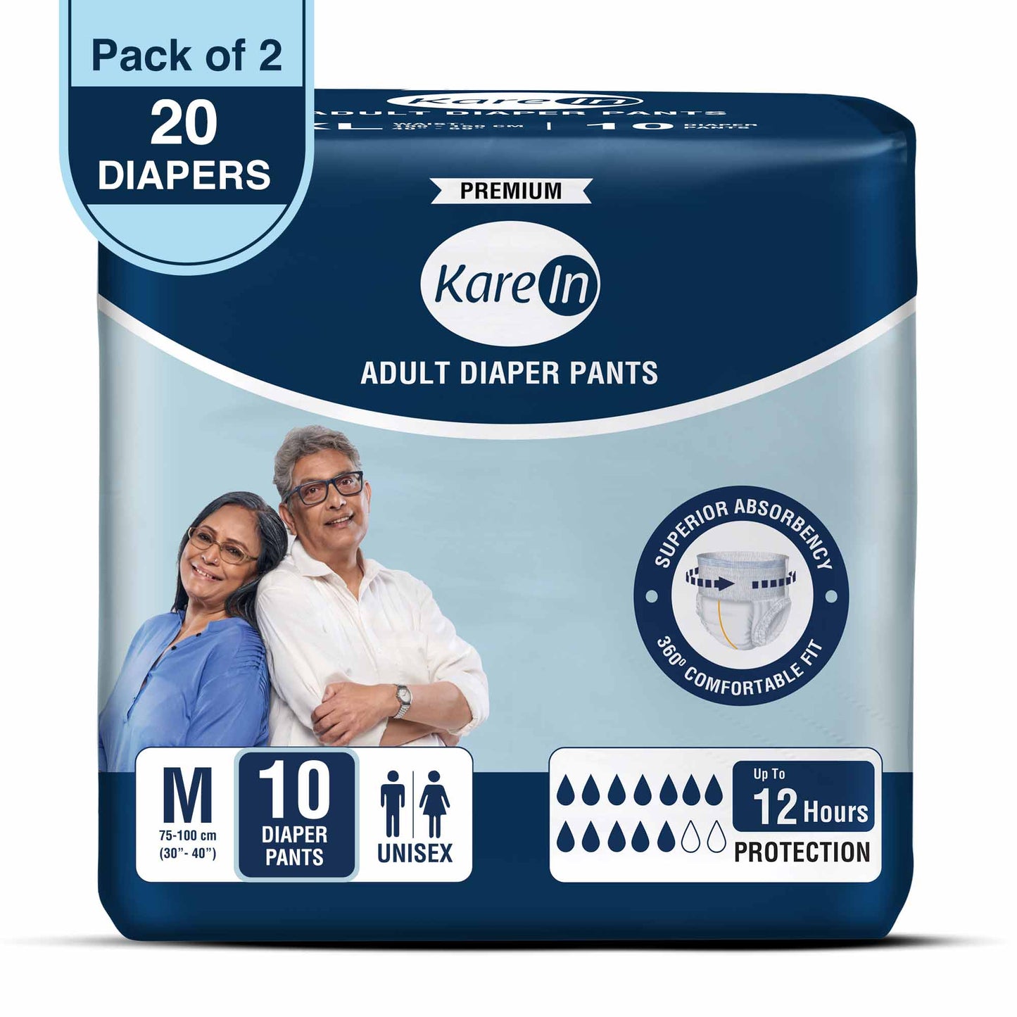 KareIn Premium Adult Diaper Pants, Medium 75 - 100 Cm (30"- 40"), Unisex, Leakproof, Elastic Waist, Wetness, Indicator, Pack of 2, 20 Count