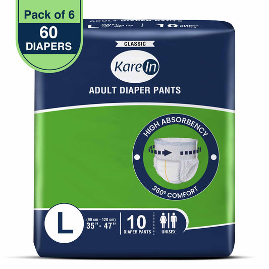 KareIn Classic Adult Diaper Pants, Large 90-120 Cm (35"- 47"), Unisex, Leakproof, Elastic Waist, Wetness, Indicator, Pack of 6, 60 Count