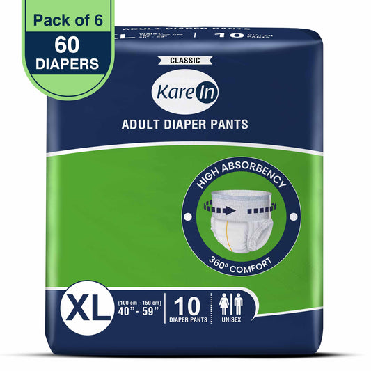 KareIn Classic Adult Diaper Pants, Extra Large 100 - 150 Cm (40"- 59"), Unisex, Leakproof, Elastic Waist, Wetness Indicator, Packof 6, 60 Count