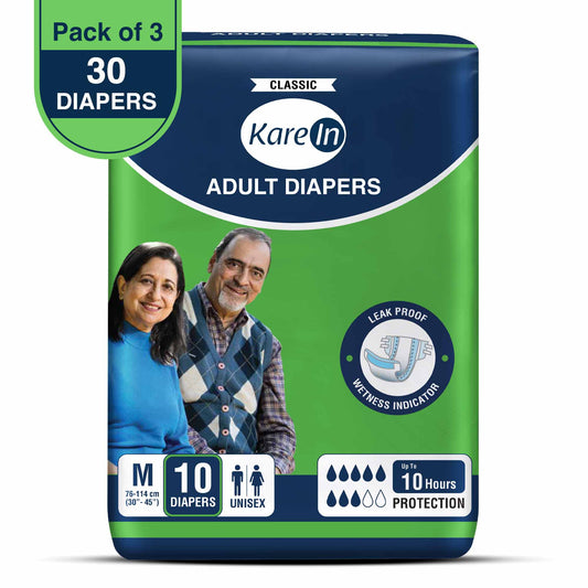 KareIn Classic Adult Diapers, Medium, Waist Size 76-114 Cm (30"-45"), Tape Style, Unisex, High Absorbency, Leak Proof, Wetness Indicator, Pack of 3, 30 diapers