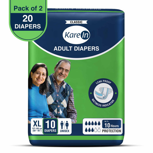 KareIn Classic Adult Diapers, Extra Large, Waist Size127-165 Cm (50"-65"), Tape Style, Unisex, High Absorbency, Leak Proof, Wetness Indicator, Pack of 2, 20 diapers