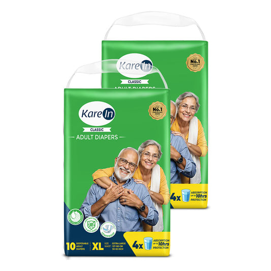 KareIn Classic Adult Diapers, Extra Large, Waist Size127-165 Cm (50"-65"), Tape Style, Unisex, High Absorbency, Leak Proof, Wetness Indicator, Pack of 2, 20 diapers
