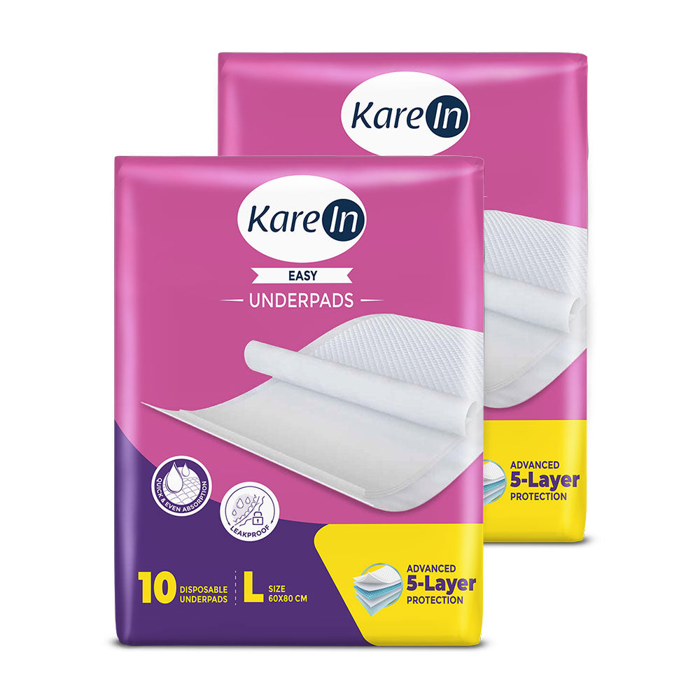 KareIn Easy Underpads, Large 60 X 80 Cm, High Absorbency, Leak Proof, Unisex, Pack of 2, 20 Count