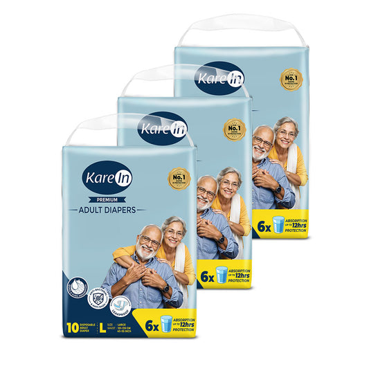 KareIn Premium Adult Diapers, Large, Waist Size 101-139 Cm (40"-55"), Tape Style, Unisex, High Absorbency, Leak Proof, Wetness Indicator, Pack of 3, 30 diapers