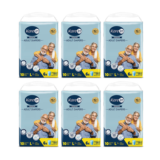 KareIn Premium Adult Diapers, Large, Waist Size 101-139 Cm (40"-55"), Tape Style, Unisex, High Absorbency, Leak Proof, Wetness Indicator, Pack of 6, 60 diapers