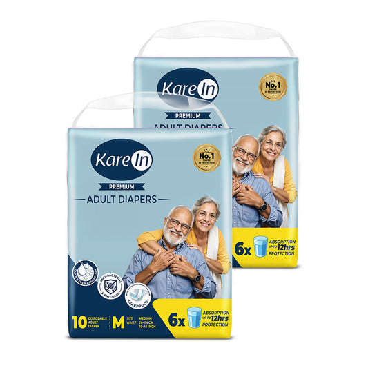 KareIn Premium Adult Diapers, Medium, Waist Size 76-114 Cm (30"-45"), Tape Style, Unisex, High Absorbency, Leak Proof, Wetness Indicator, Pack of 2, 20 diapers
