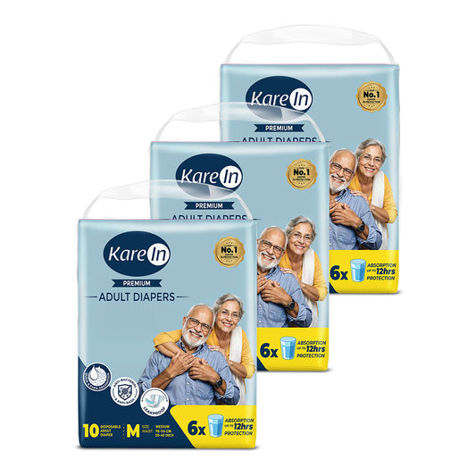 KareIn Premium Adult Diapers, Medium, Waist Size 76-114 Cm (30"-45"), Tape Style, Unisex, High Absorbency, Leak Proof, Wetness Indicator, Pack of 3, 30 diapers