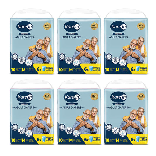 KareIn Premium Adult Diapers, Medium, Waist Size 76-114 Cm (30"-45"), Tape Style, Unisex, High Absorbency, Leak Proof, Wetness Indicator, Pack of 6, 60 diapers
