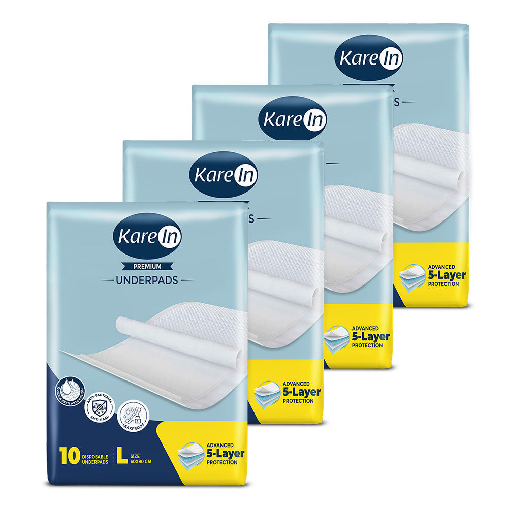 KareIn Premium Underpads, Large 60 x 90 Cm, Superior Absorbency, Leak Proof, Pack of 4, 40 Count