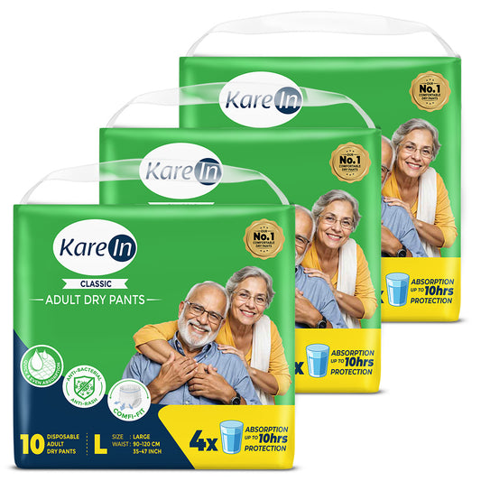 KareIn Classic Adult Diaper Pants, Large 90-120 Cm (35"- 47"), Unisex, Leakproof, Elastic Waist, Wetness, Indicator, Pack of 3, 30 Count