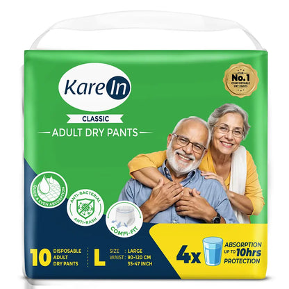 KareIn Classic Adult Diaper Pants, Large 90-120 Cm (35"- 47"), Unisex, Leakproof, Elastic Waist, Wetness, Indicator, 10 Count