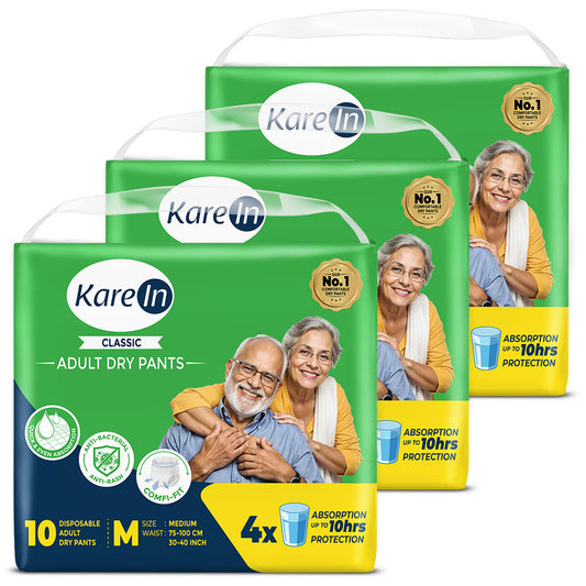 KareIn Classic Adult Diaper Pants, Medium 75 - 100 Cm (30"- 40"), Unisex, Leakproof, Elastic Waist, Wetness, Indicator, Pack of 3, 30 Count