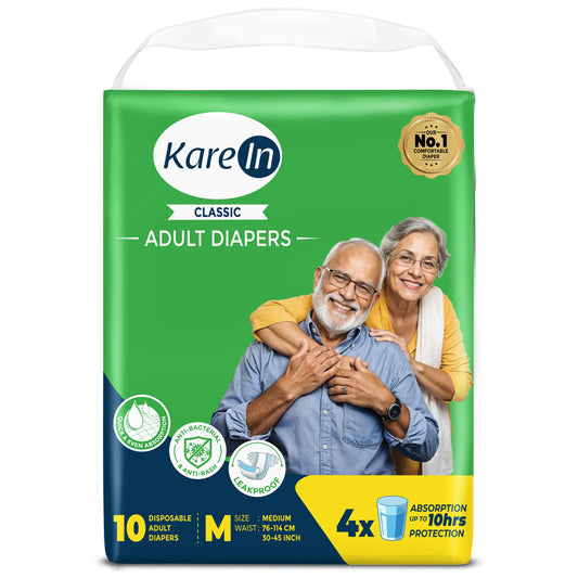 KareIn Classic Adult Diapers, Large, Waist Size 101-139 Cm (40"-55"), Tape Style, Unisex, High Absorbency, Leak Proof, Wetness Indicator, 10 diapers