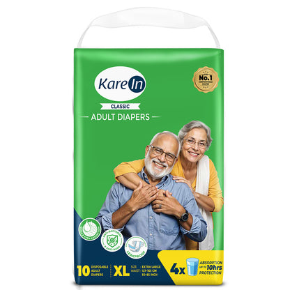 KareIn Classic Adult Diapers, Extra Large, Waist Size127-165 Cm (50"-65"), Tape Style, Unisex, High Absorbency, Leak Proof, Wetness Indicator, Pack of 3, 30 diapers