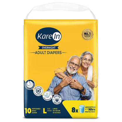 KareIn Overnight Adult Diapers, Large, Waist Size 101-139 Cm (40"-55"), Tape Style, High Absorbency, Odour Free, With Aloe Vera Lotion, Anti-Bacterial, ADL, Leak Proof, Pack of 3, 30 Count