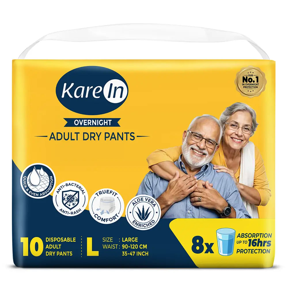 KareIn Overnight Adult Diaper Pants, Large 90-120 Cm (35"- 47"), Unisex, Leakproof, Elastic Waist, With Aloe Vera Lotion, Anti-Bacterial, ADL, Wetness Indicator, 10 Count