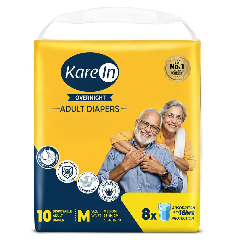 KareIn Overnight Adult Diapers, Medium, Waist Size 76-114 Cm (30"- 45"), Tape Style, High Absorbency, Odour Free, With Aloe Vera Lotion, Anti-Bacterial, ADL, Leak Proof, 10 Count