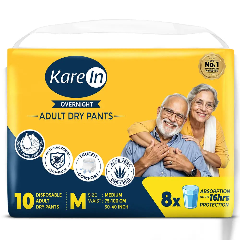 KareIn Overnight Adult Diaper Pants, Medium 75-100 Cm (30"- 40"), Unisex, Leakproof, Elastic Waist, With Aloe Vera Lotion, Anti-Bacterial, ADL, Wetness Indicator, Pack of 3, 30 Count