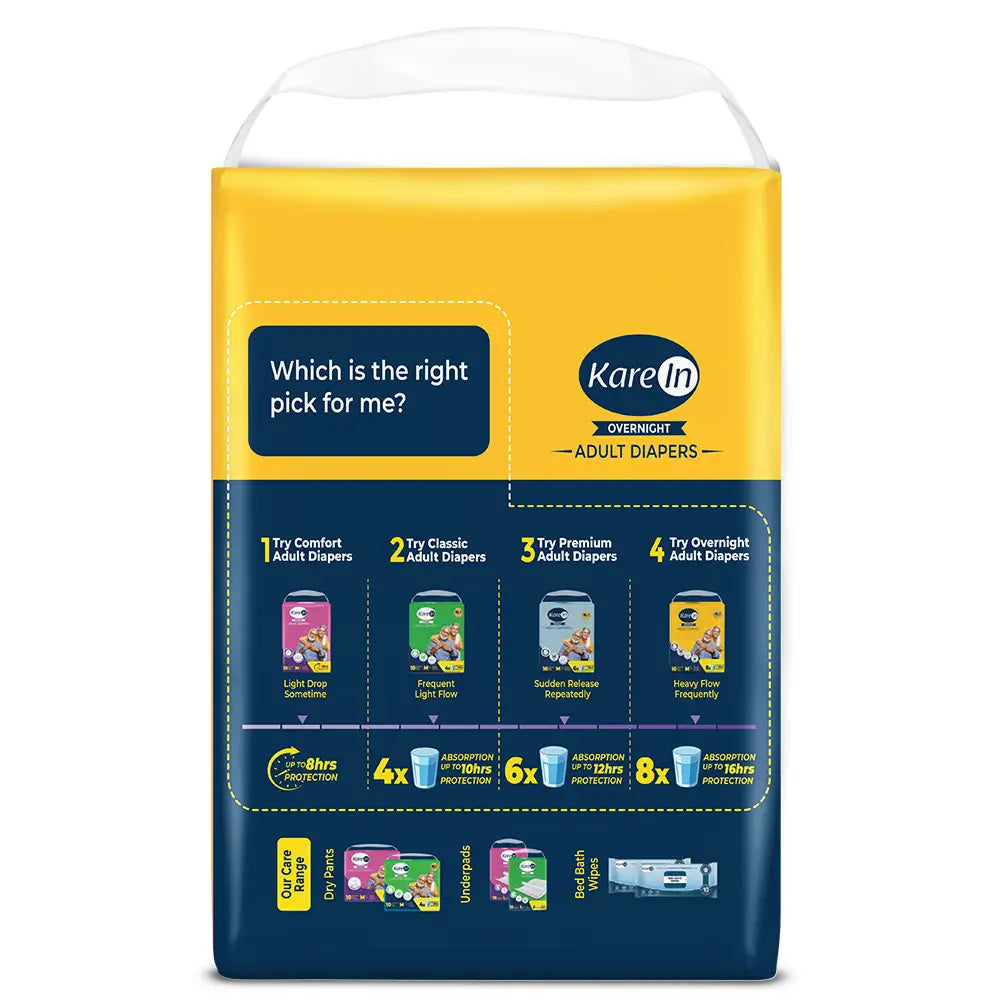 KareIn Overnight Adult Diapers, Extra Large, Waist Size 127-165 Cm (50"-65"), Tape Style, High Absorbency, Odour Free, With Aloe Vera Lotion, Anti-Bacterial, ADL, Leak Proof, 10 Count
